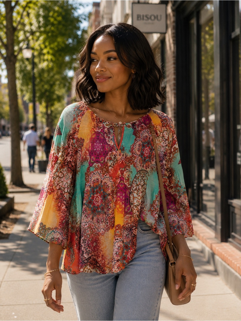 Spense Multicolor Bohemian Tie-Neck Tunic - Turquoise, Pink, Yellow, Orange